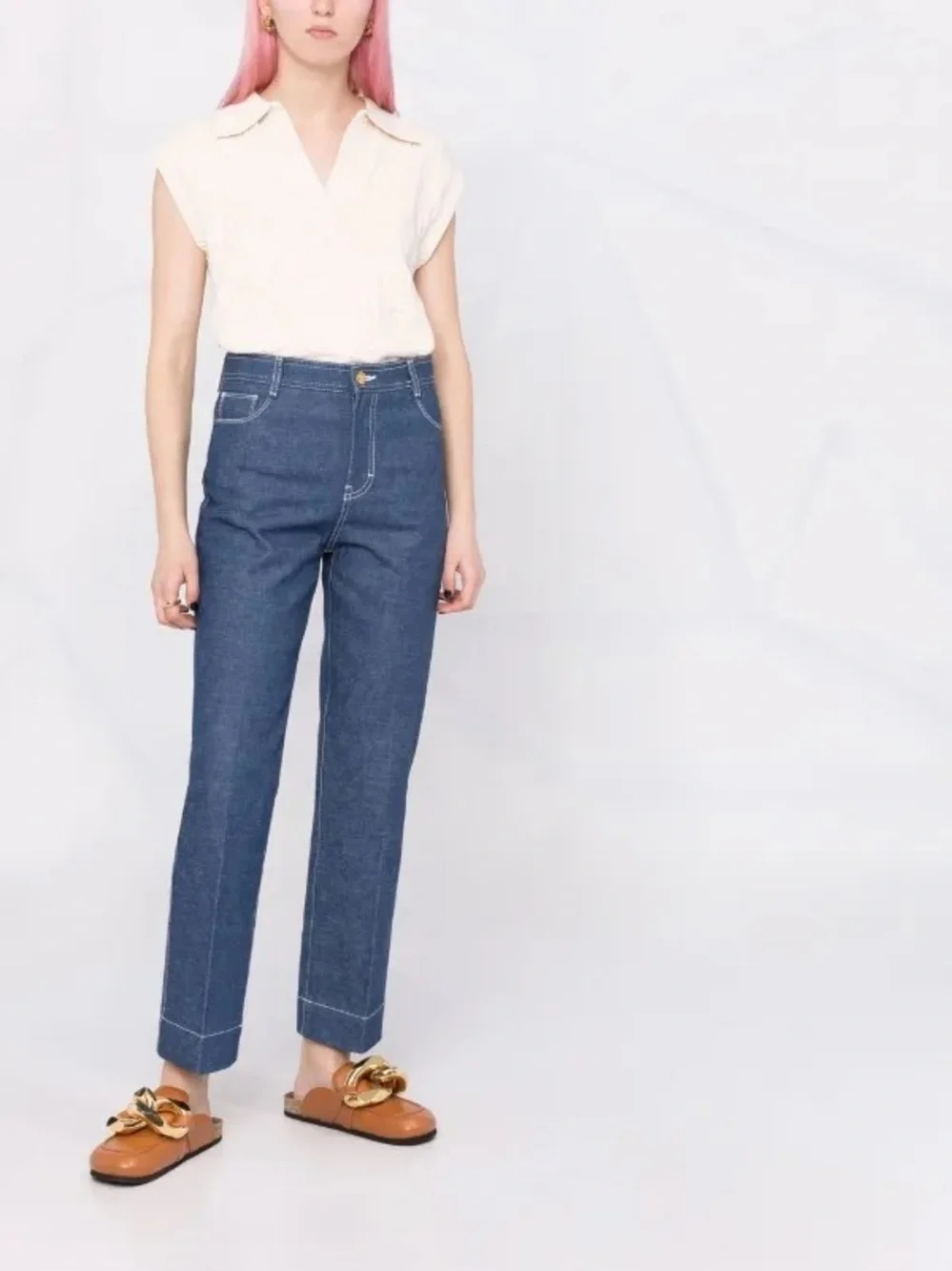Tory Burch Cropped Straight Leg Denim Jeans Embroidered Pockets Size 29